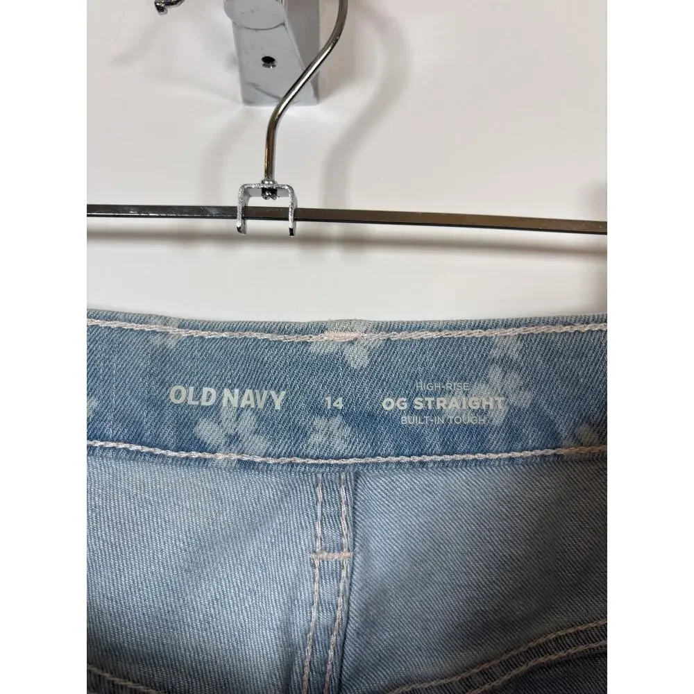Old Navy O.G. Straight Jeans Girls Size 14 Blue High Rise Floral Print Stretch